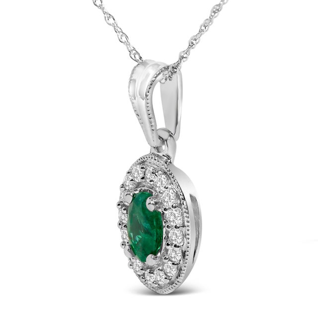 Contemporary 14K White Gold Oval 6x4 MM Green Emerald and Diamond Halo Pendant Necklace - 18 inch For Sale - Image 3 of 5