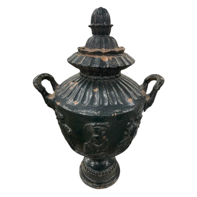 Vintage Cast Iron Urns With Classical Figural Reliefs For Sale - Image 4 of 12