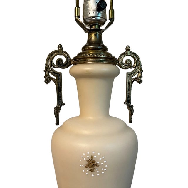 Mid-Century Hollywood Regency Moriage Satin Glass & Brass Urn Table Lamps - A Pair A stunning pair of mid-century...