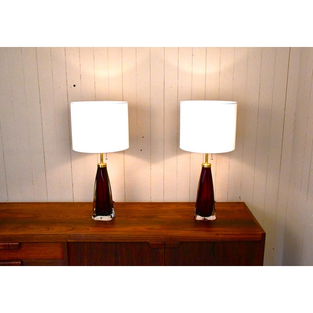 Maroon Large Swedish Ruby Red Art Glass Table Lamps by Carl Fagerlund for Orrefors, 1950s, Set of 2 For Sale - Image 8 of 13