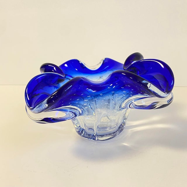 Mid Century 1960s Murano Glass Bowl Bullicante Cobalt Blue Ruffled Edge ...