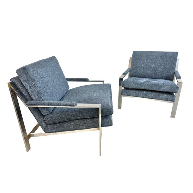 Mid-Century Modern Vintage Milo Baughman Style Flat Bar Chrome Arm Chairs - Set of 2 For Sale - Image 3 of 8