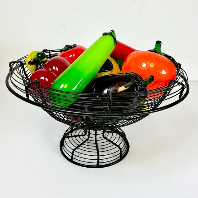 Murano Mid-Century Italian Venetian Glass Fruit & Vegetables in Wire Bowl Murano Attributed - Set of 13 For Sale - Image 4 of 13