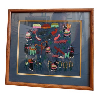 Vintage Guatemalan Crewel Work Folk Art, Framed For Sale