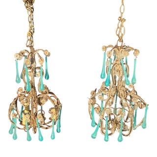 Vintage Murano Style Aqua Blue and Aurora Borealis Glass Beaded Petite Chandeliers- a Pair For Sale