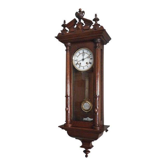 1891 Wall Clock With Pendulum and Finials, Wooden Mechanical Chiming Regulator Lenzkirch From Germany Black Forest For Sale