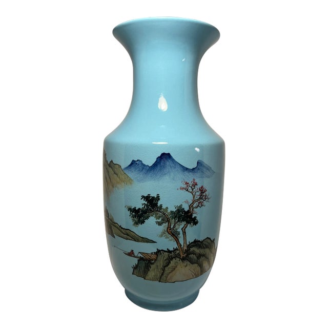 1950's Taiwanese Republic of China Period Hand Painted Blue Porcelain Vase For Sale