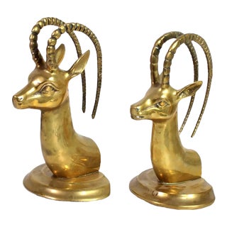 1960's Solid Brass Ibex Gazelle Him & Her Bookends - a Pair For Sale
