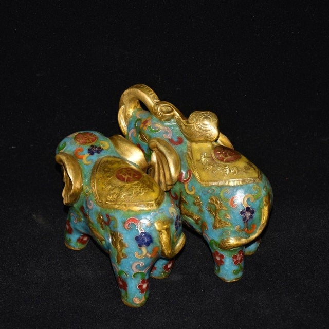 Metal Vintage Pair of Chinese Cloisonne Enamel Elephants - Gilt Bronze Figures For Sale - Image 7 of 9