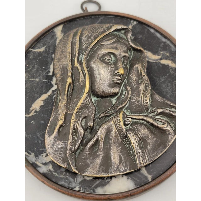 Metal Rare One Of Kind Antique Jesus & Mary Wall Hanging Bronze & Green Marble Plaques For Sale - Image 7 of 12