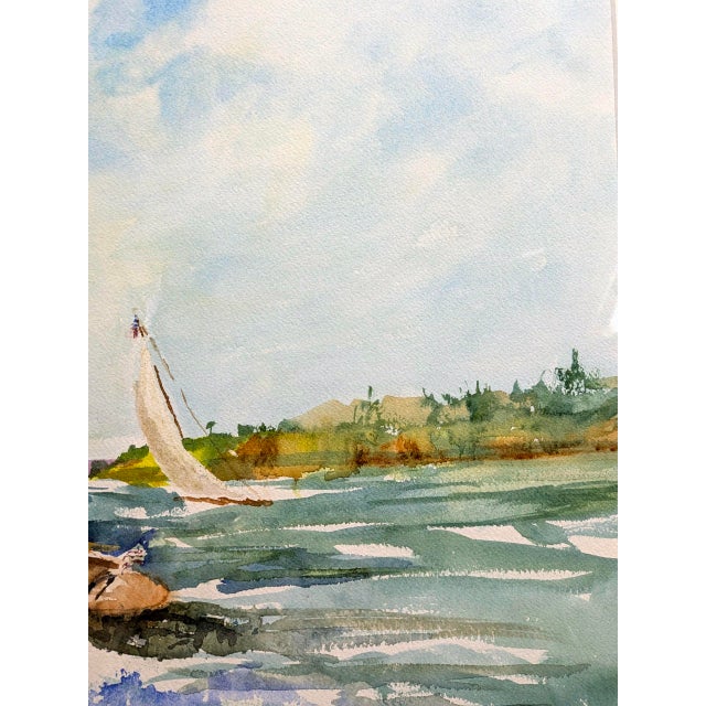 1980s Angelina Wood Original Sailboat Watercolor Painting in Custom Frame For Sale - Image 4 of 9