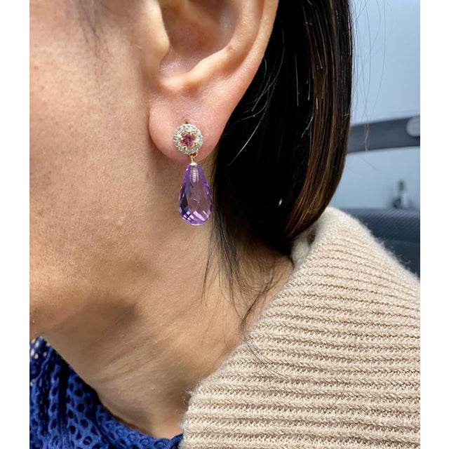 Natural Amethyst Diamond Tourmaline Yellow Gold Drop Earrings, A Pair For Sale In Los Angeles - Image 6 of 6