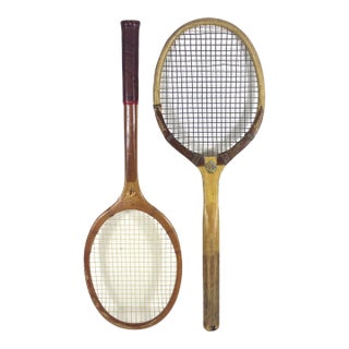 Curated Set of Antique Sport Tennis Rackets for Designer Decorating Wood Racquet Set of Two Sports Equipment Memorabilia For Sale
