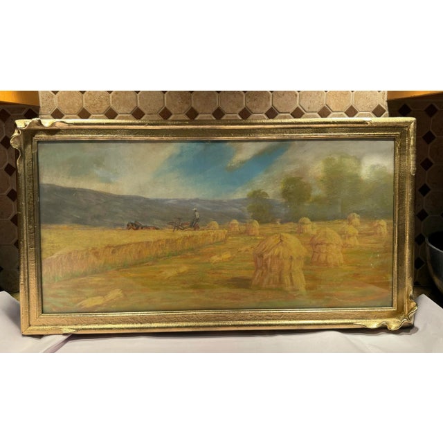 Yellow Antique Early 1900s American Pastel Agrarian Landscape Drawing For Sale - Image 8 of 9