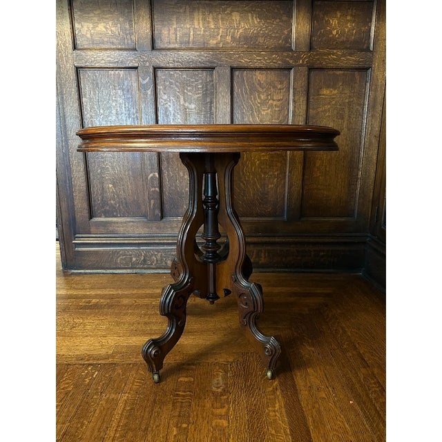 Victorian Late 19th Century Victorian Rococo Style Carved Walnut Oval Rolling Parlor/Side/Center Table For Sale - Image 3 of 9