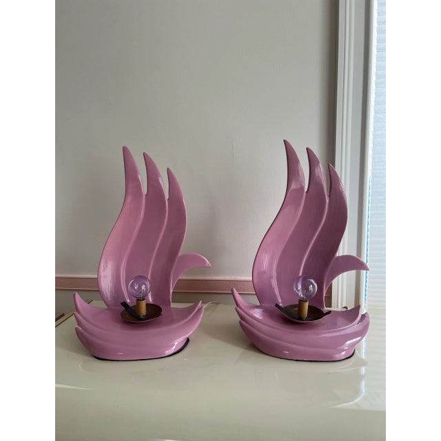 Ceramic 1980 Pink Flame Art Deco Lamps - a Pair For Sale - Image 7 of 12