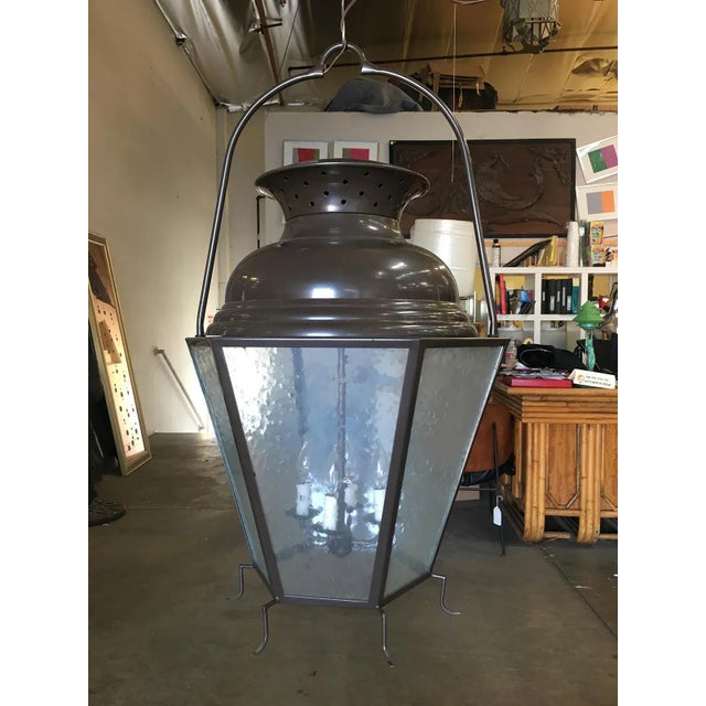 Metal Large Octagon Bronze 4 Light Lantern Chandelier W/ Handle For Sale - Image 7 of 11