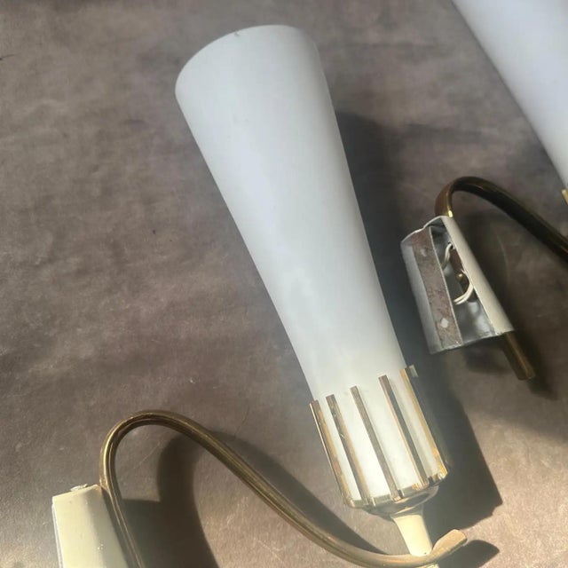 Stilnovo Two 1950s Stilnovo Style Mid-Century Modern Brass and Glass Italian Wall Sconces For Sale - Image 4 of 13