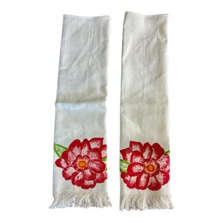 Vintage Mid Century Hand Painted Linen Tea Towels (Or Hand Kitchens Towels) Red Floral design.fringe Ivory Set of 2 /13” X 17” For Sale