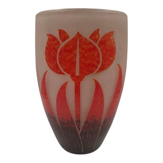1920s Art Deco Degué French Acid-Etched Cameo Glass Floral Vase - 9.5" For Sale