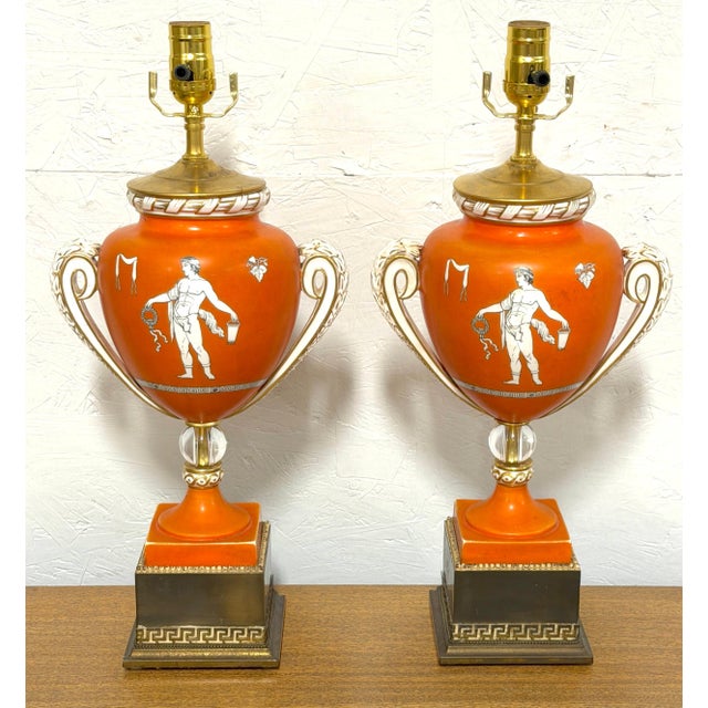 Late 18th Century Late 18th Century Pair English Neoclassical Orange Ground Ashworth Ironstone Urns, as Lamps For Sale - Image 5 of 15