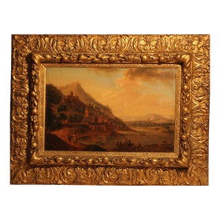 Romantic Rhine Landscape with Figures, 1800s, Oil on Canvas, Framed For Sale
