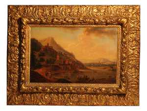Romantic Rhine Landscape with Figures, 1800s, Oil on Canvas, Framed