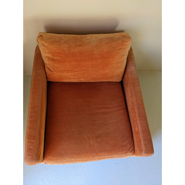 Milo Baughman for Thayer Coggin Orange Cube Chair lounge chair with walnut plinth base Dimensions: 32” wide x 35” deep x...