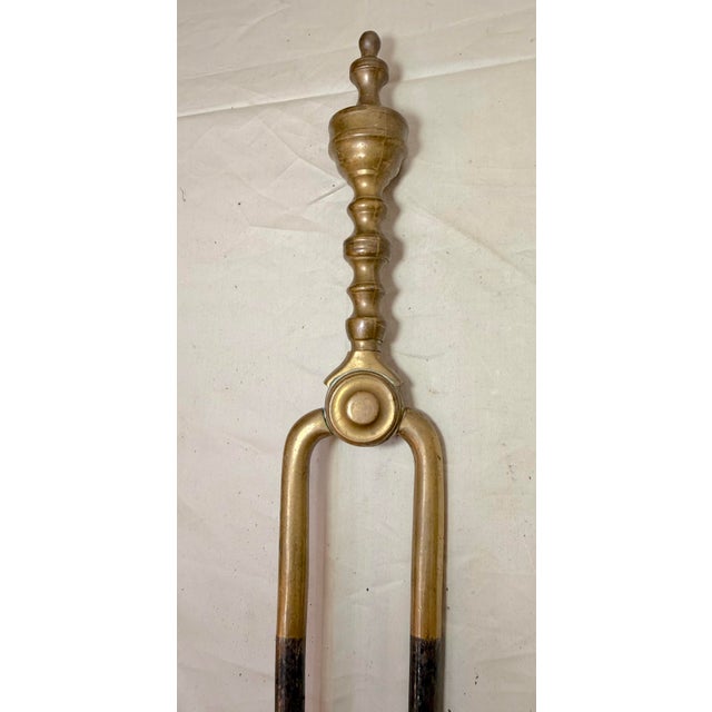 18th Century Antique 18th Century Wrought Iron Turned Brass English Fireplace Tongs Tool 6 For Sale - Image 5 of 10