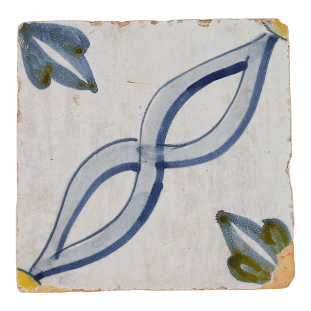 18th Century Antique Portuguese Blue, White, Green and Brown Baroque Tile For Sale