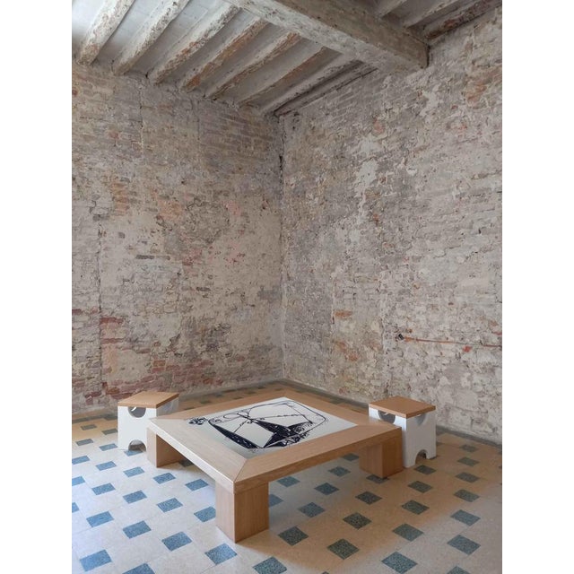"Artistica Tre" table by Meccani Studio for Meccani Design. Beautiful oak coffee table with a black and white decoration...