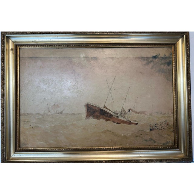 Oil painting, Marine shipwreck, Unsigned, Oil on cardboard 40.5 x 62 cm This oil painting on cardboard, measuring 40.5 x...