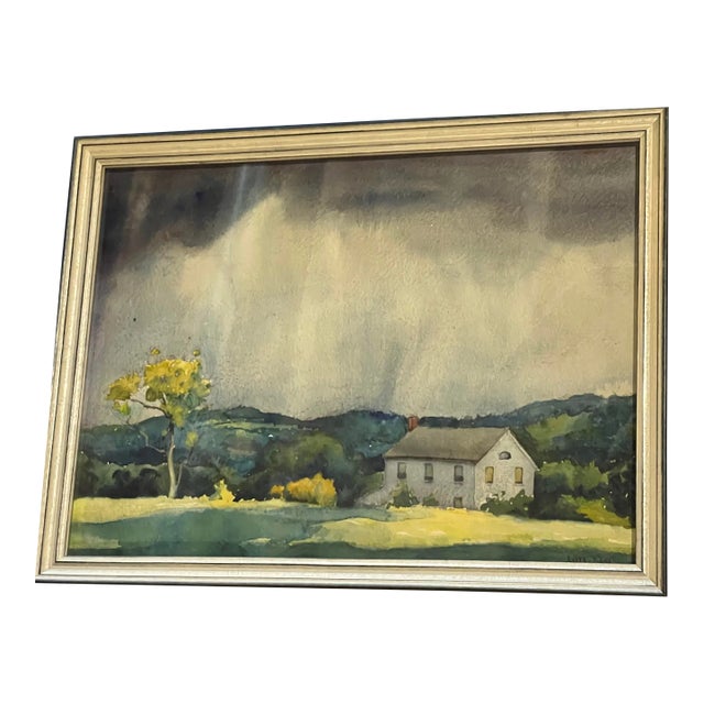 Vintage Framed Watercolor Stormy Farm Landscape For Sale