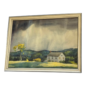 Vintage Framed Watercolor Stormy Farm Landscape