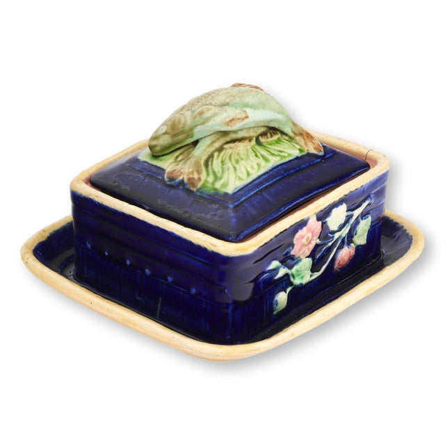 Antique English majolica sardine box dating to circa 1880, finished in striking cobalt blue glazes with applied floral...