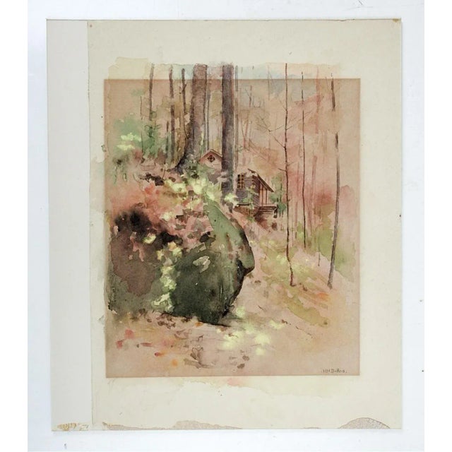 Cabin Small Late 19th Century Cabin in Woods Watercolor Painting For Sale - Image 3 of 3