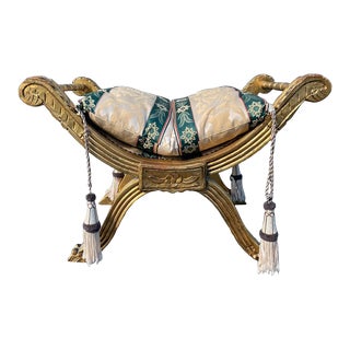 1970s Regency Giltwood Cerule X Bench With Tassels and Carving For Sale