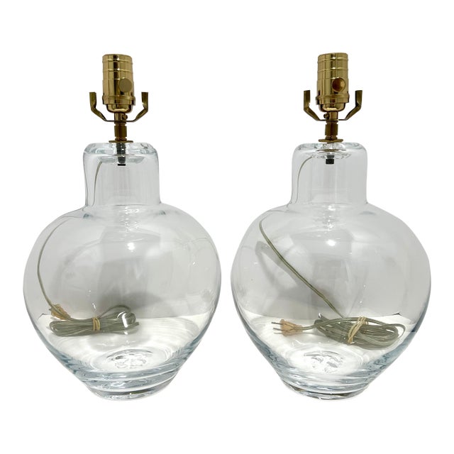 Simon Pearce Hand Blown Glass Globe Table Lamps Signed 15” 3-Way - a Pair For Sale