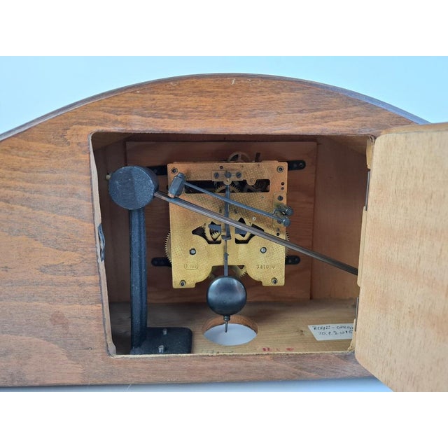 Art Deco Mantel Clock in Wood with Chiming Mechanical Movement, 1930 For Sale - Image 9 of 18
