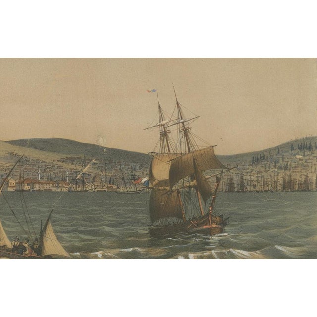 Théodore du Moncel, View of the Dardanelles: Fortified Hill and Ships, Hand-Colored Lithograph, 1840s For Sale - Image 3 of 9