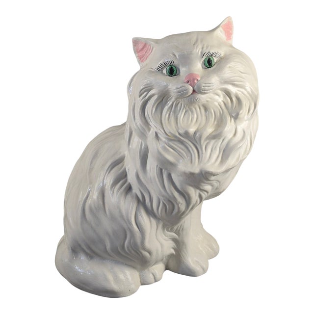 Vintage Ceramic Life Size White Green Eyes Cat Figurine 14'' High For Sale
