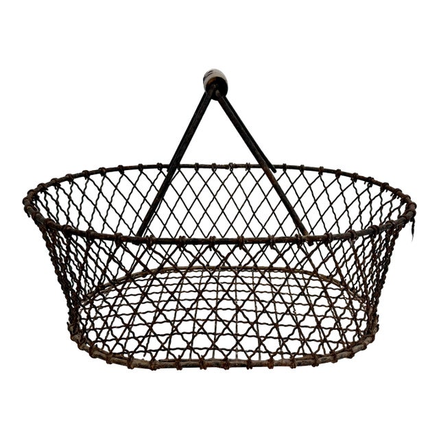 Vintage French Wire Gathering Basket W/ Wooden Grip For Sale