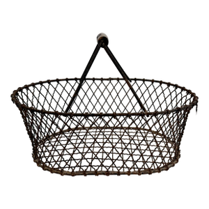 Vintage French Wire Gathering Basket W/ Wooden Grip