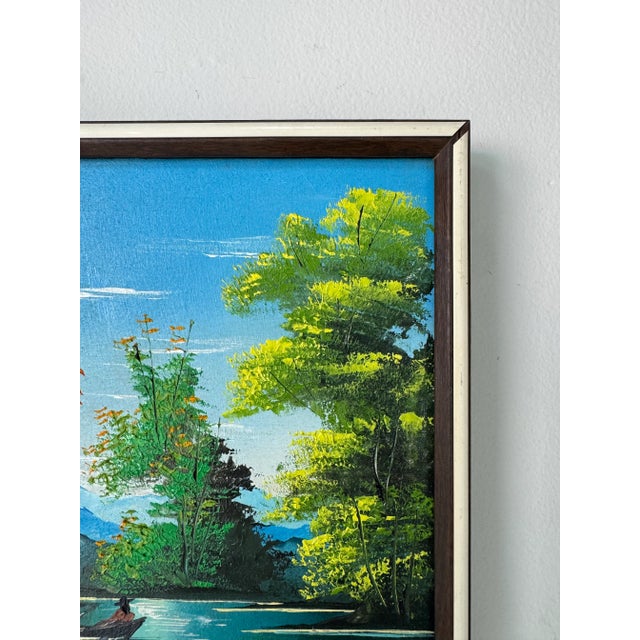 1980's Vintage Haitian Lake Scene Canoeing Oil Paint on Canvas - Framed For Sale In Miami - Image 6 of 9
