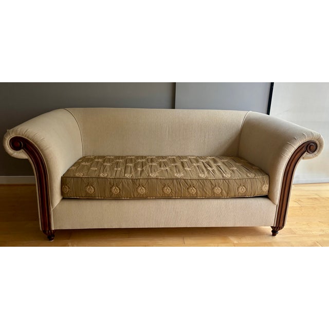 Adriana Hoyos Classic Hand Carved Sofa With Walnut Frame and Upholstered in a Neutral Fabric For Sale - Image 4 of 6