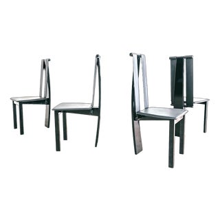 Postmodern Dining Chairs in Lacquered Wood and Black Faux Leather, 1980s, Set of 4 For Sale
