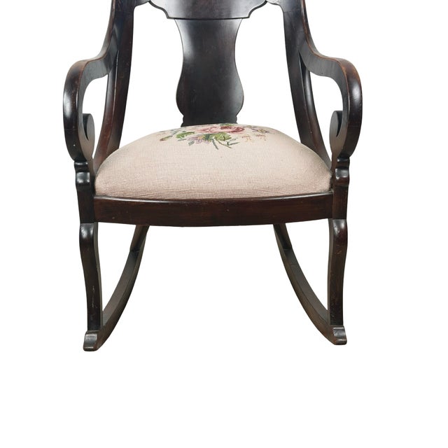 Brown Antique American Carved Wood Rocking Chair With Needlepoint Seat For Sale - Image 8 of 18