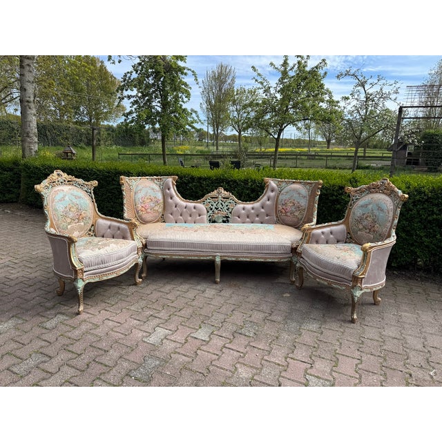 1940 French Louis XVI Pastel Beech Sofa Set - 3 Pc For Sale - Image 18 of 18