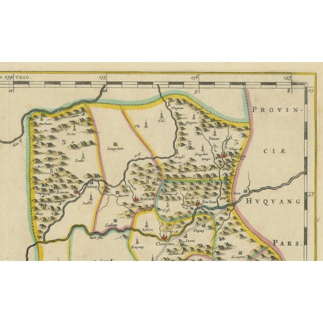 Title: Antique 17th-Century Map of Guizhou Province, China – "Qveichev" by Blaeu, Richly Illustrated and Colored : This...