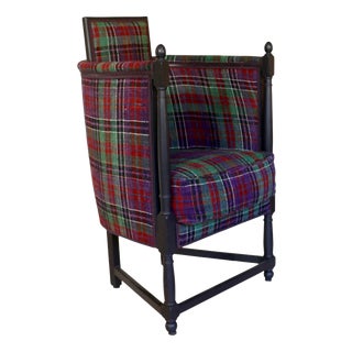 Large Antique Armchair with High Armrests in Tartan Fabric, 1890s For Sale